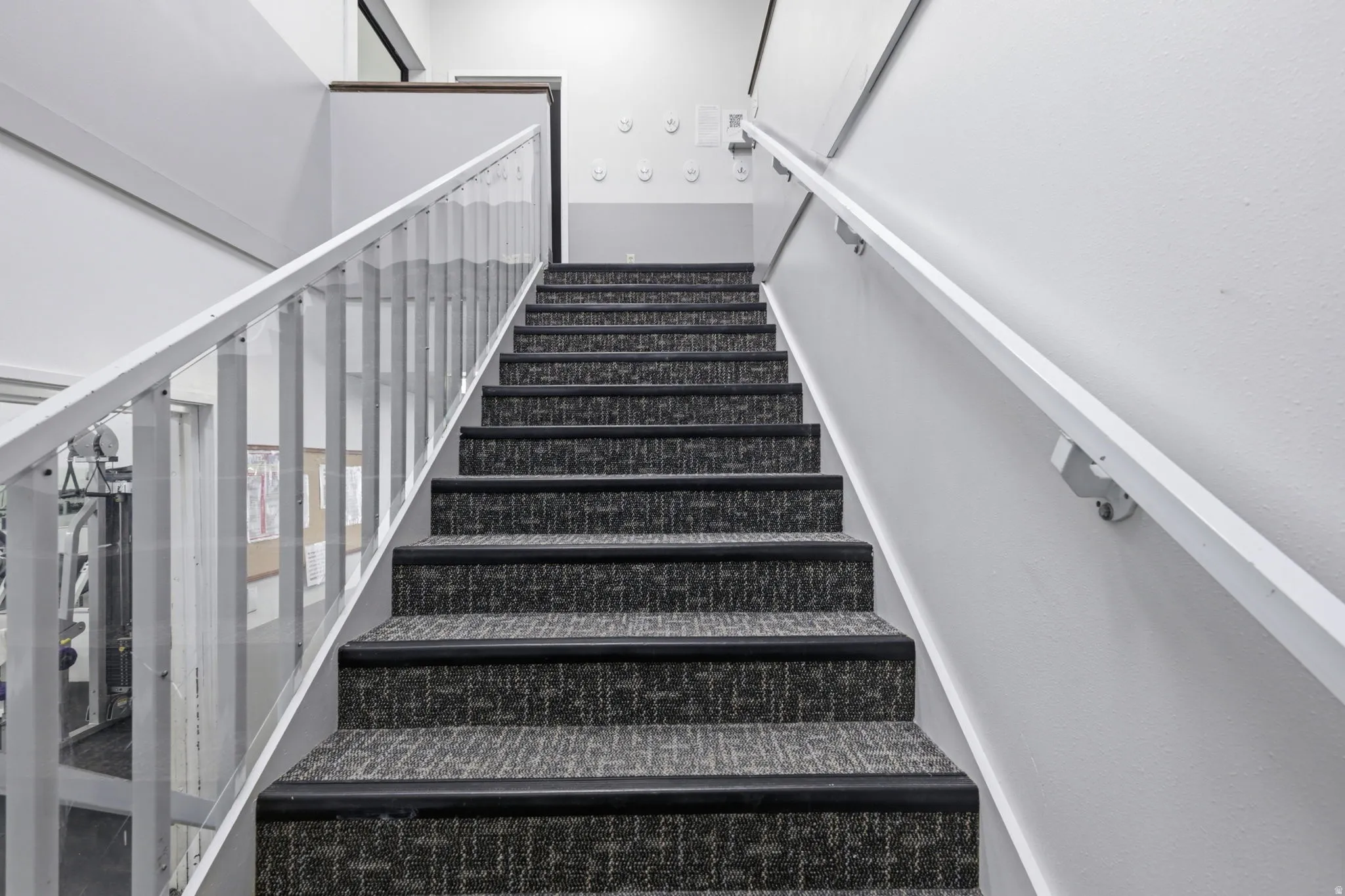 Carpeted staircase with dark-toned treads and light-colored risers