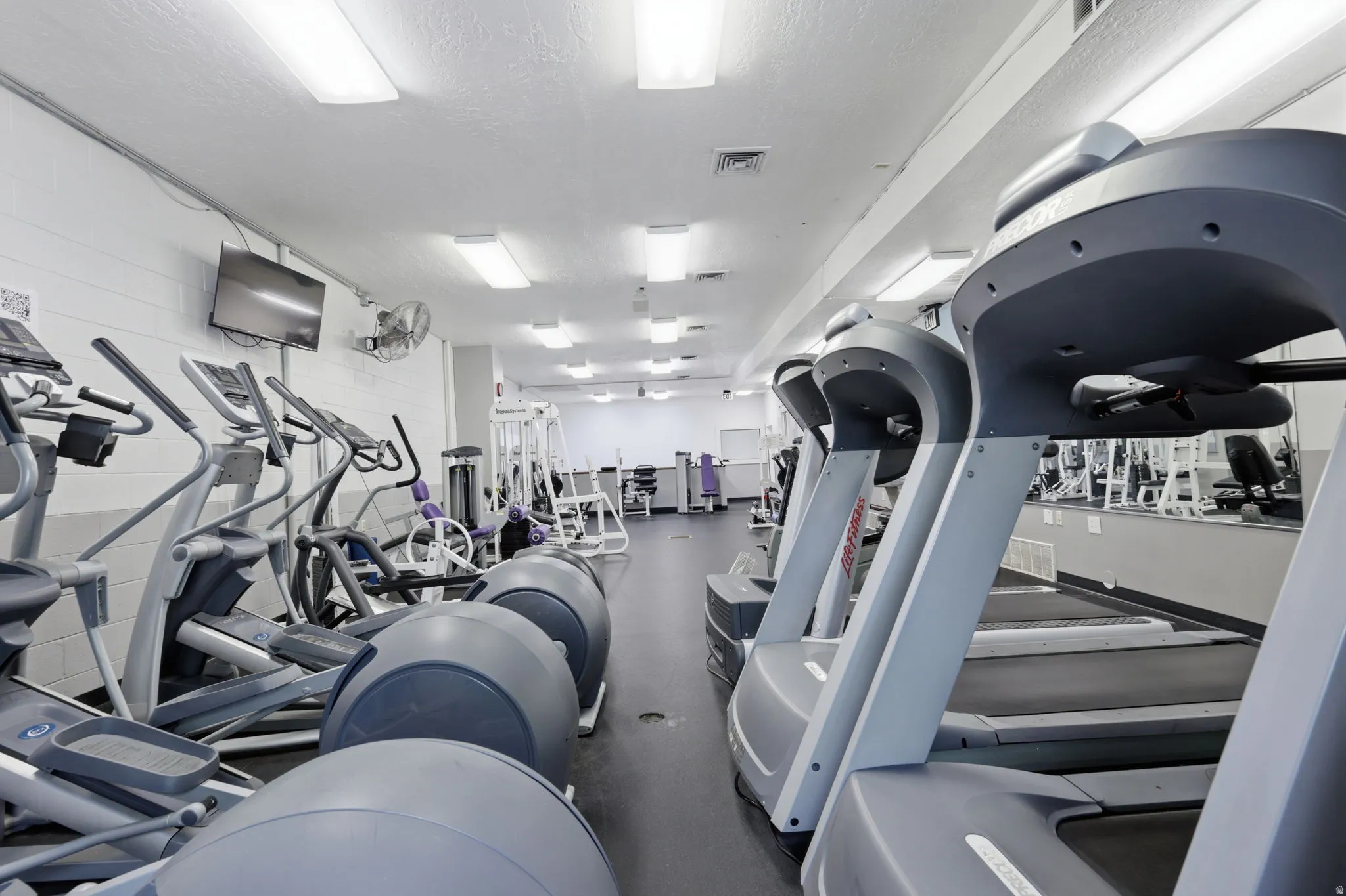 Fitness center featuring multiple treadmills, elliptical machines, and weight training equipment
