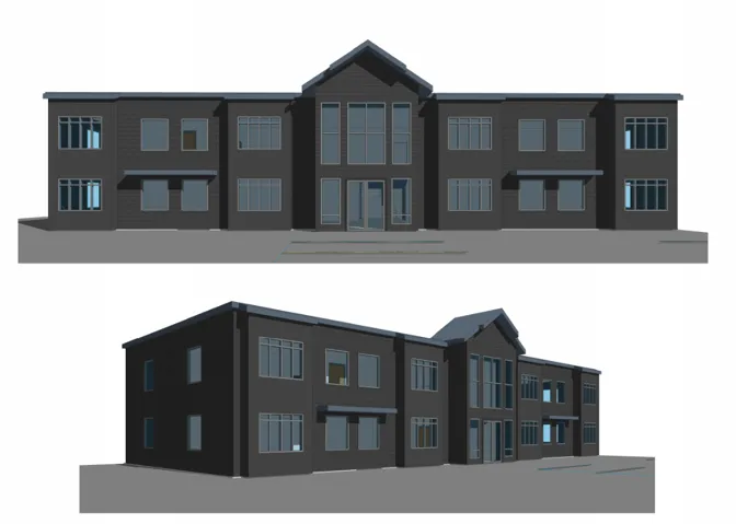 Architectural Rendering. Front and angled perspectives of the property's exterior design