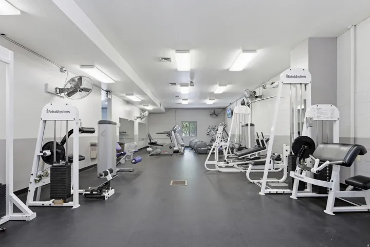 Fitness center featuring multiple weight machines, cardio equipment, and wall-mounted fans