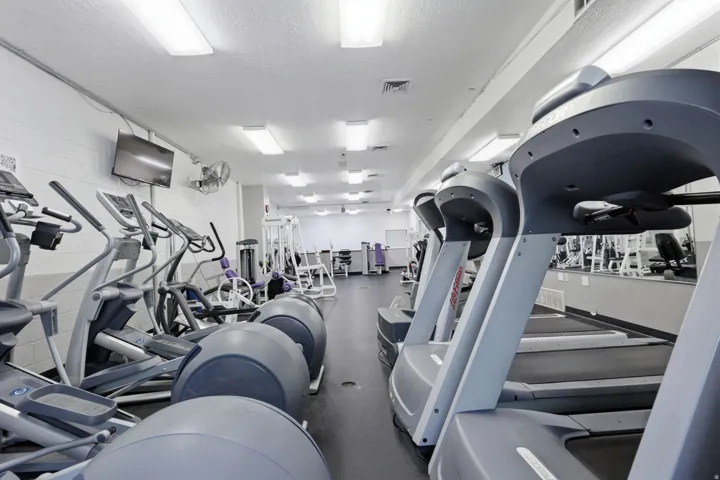 Fitness center featuring multiple treadmills, elliptical machines, and weight training equipment