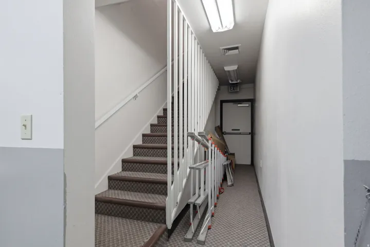 Stairwell with patterned carpeted treads, white wall finishes, and overhead fluorescent lighting