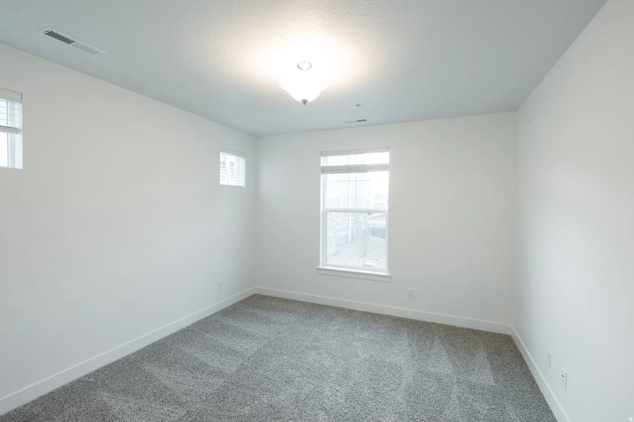 Neutral wall color, carpet flooring, multiple windows, overhead light fixture