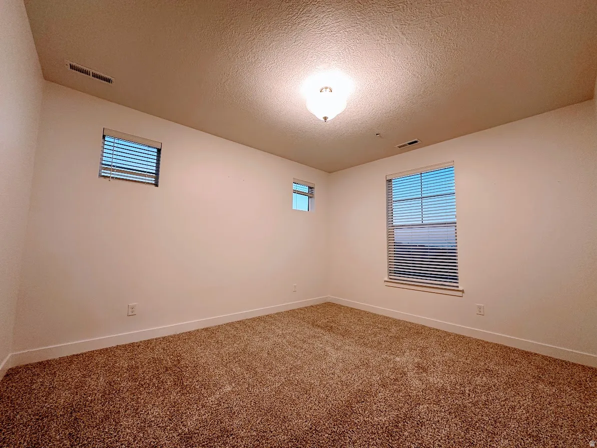 Carpeted room featuring multiple windows with blinds and a flush mount ceiling light fixture