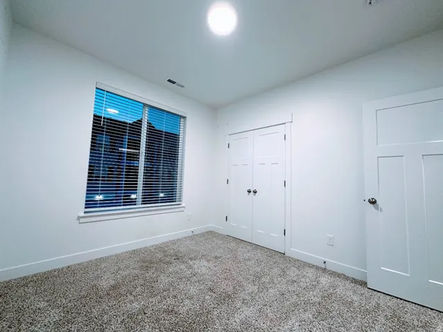Plush carpet flooring, white painted walls, a window with horizontal blinds, and paneled doors with dark hardware