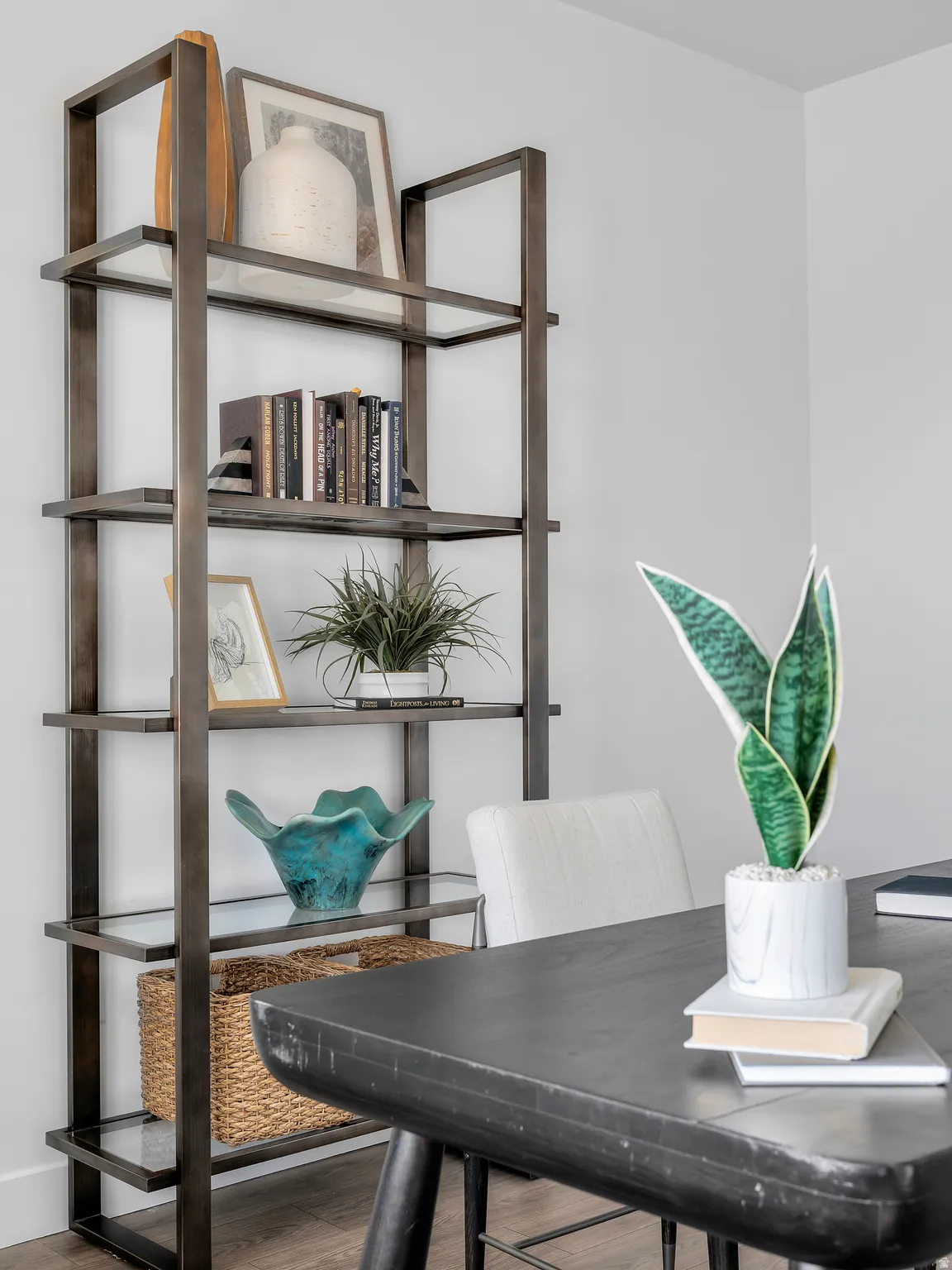 Wall-mounted shelving unit with metal frame and glass shelves