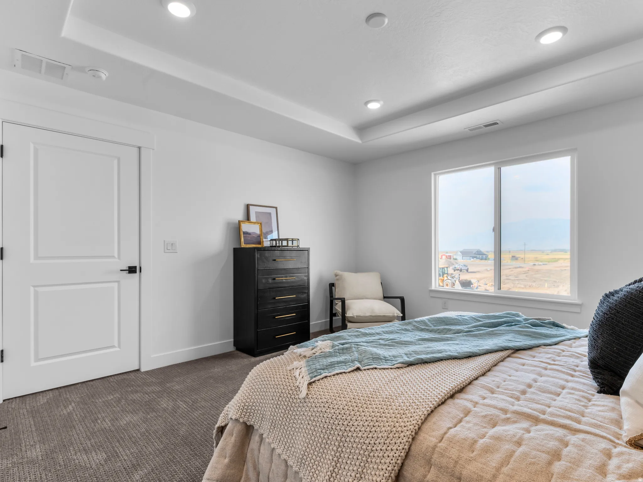 Spacious primary bedroom featuring recessed ceiling detail, large dual windows with expansive natural light, neutral wall finishes, carpet flooring, and a black multi-drawer dresser with integrated storage