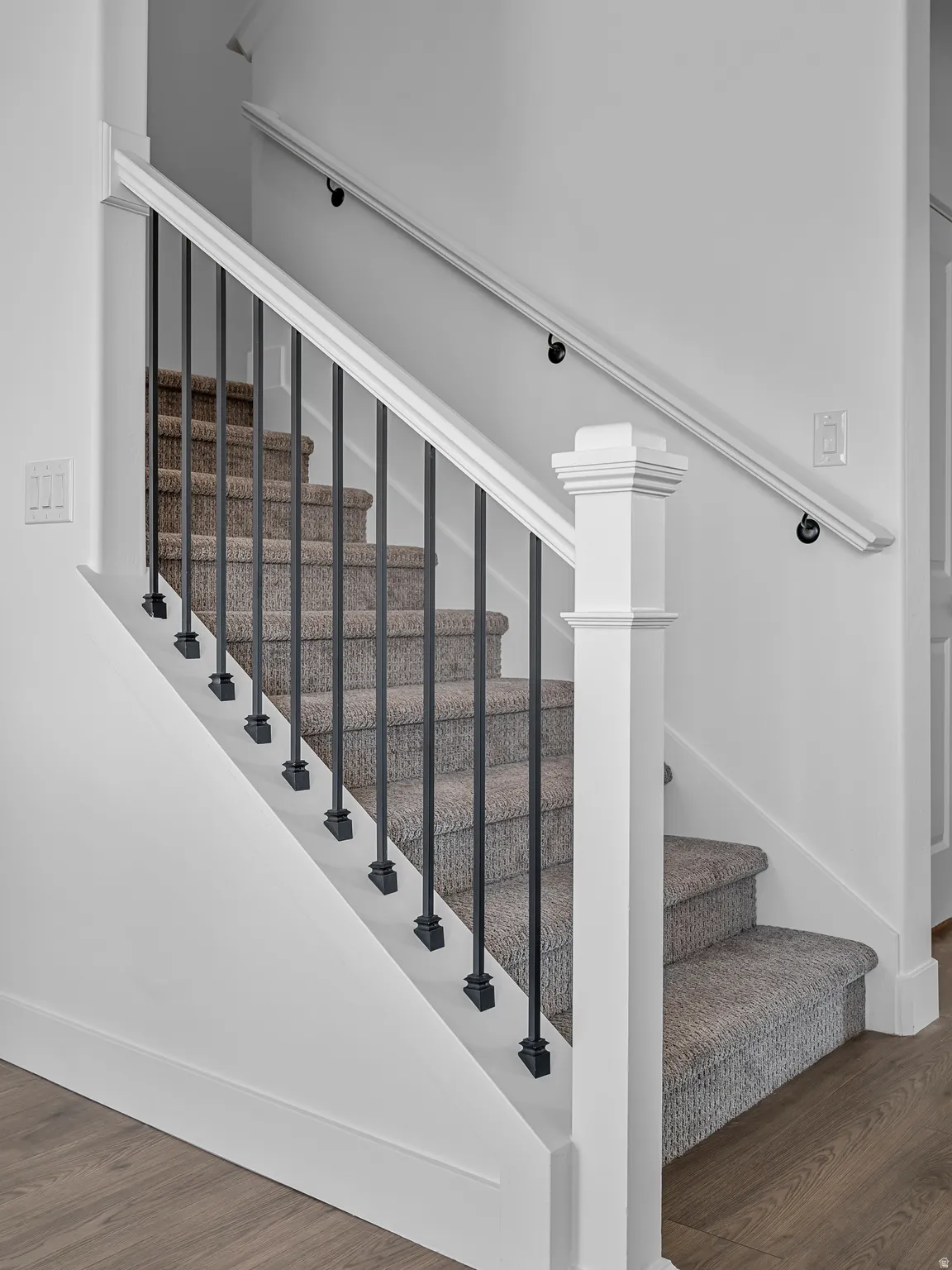 Carpeted staircase with black iron balusters, white newel post, and wood-finish flooring