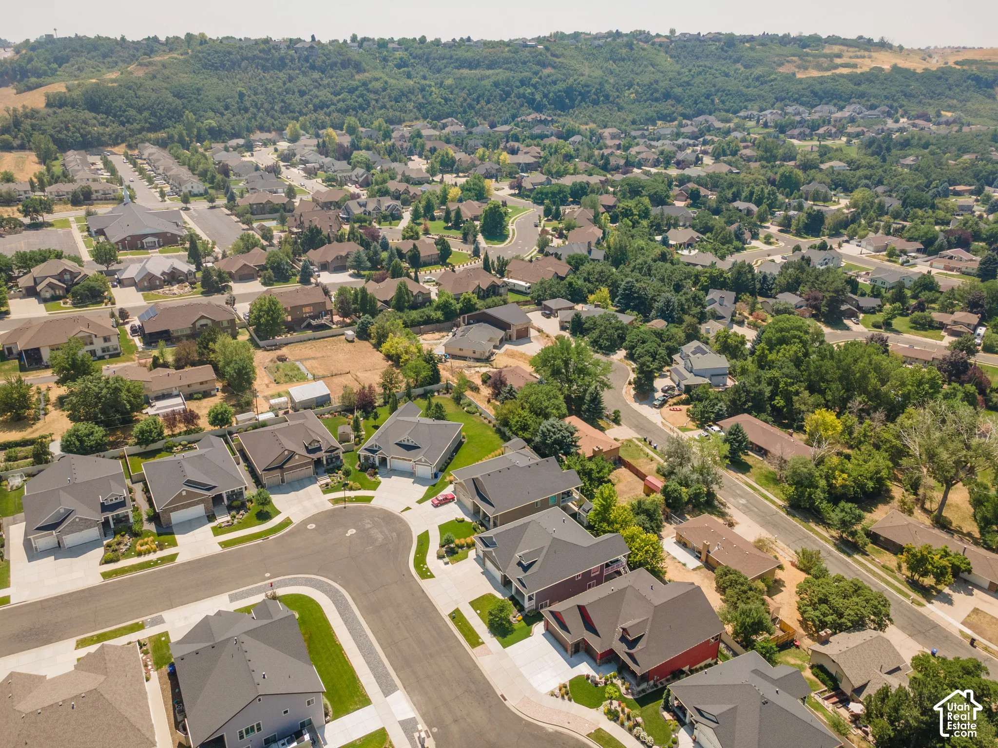 Aerial perspective of a residential neighborhood with varied architectural styles and mature trees