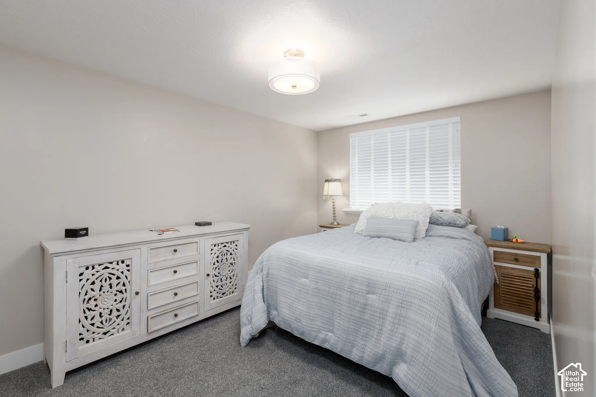 Neutral wall color, window with blinds, overhead flush mount lighting, and gray carpeting