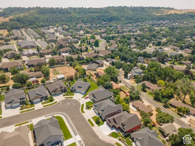 Aerial perspective of a residential neighborhood with varied architectural styles and mature trees