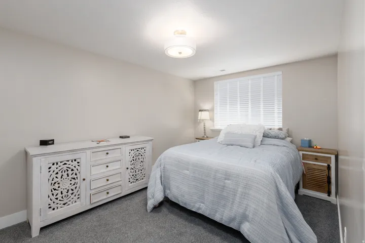 Neutral wall color, window with blinds, overhead flush mount lighting, and gray carpeting