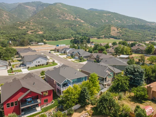 Residential street with paved roadways, established landscaping, and surrounding mountainous terrain