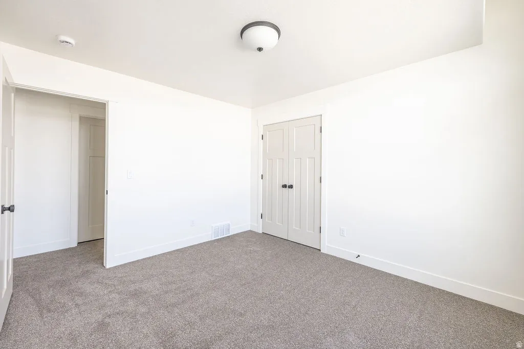Plush gray carpeting, white walls, white trim, and a white flush-mount ceiling light fixture