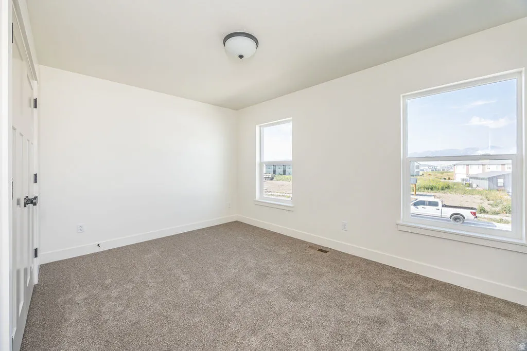 Plush carpet flooring, white painted walls, two windows, and an overhead flush mount light fixture