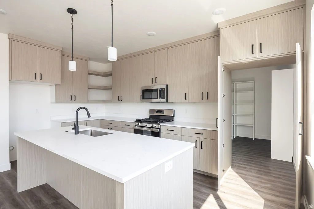 Modern kitchen featuring light wood-finish cabinetry, stainless steel appliances, a center island with a sink, and pendant lighting
