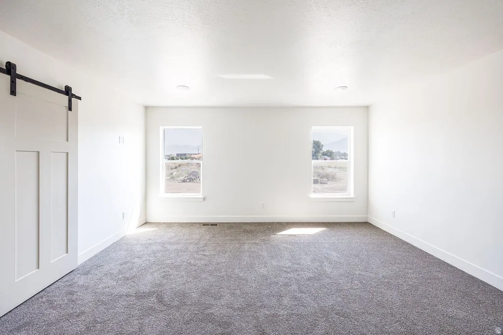White walls, two windows, recessed lighting, and gray carpeting