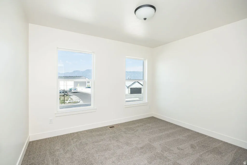 Neutral painted walls, two windows, grey carpet flooring, and a ceiling-mounted light fixture
