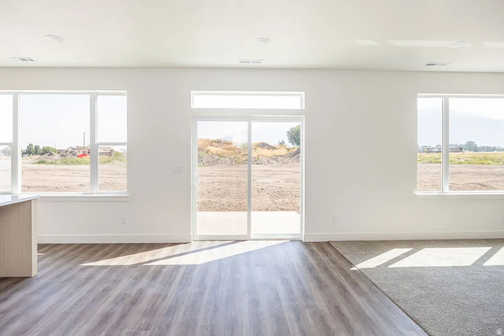 Bright interior with multiple windows, glass sliding door, and wood-finish flooring