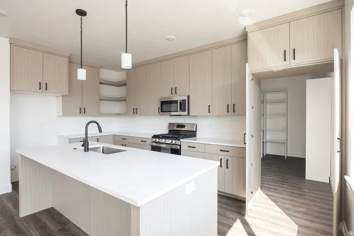 Modern kitchen featuring light wood-finish cabinetry, stainless steel appliances, a center island with a sink, and pendant lighting
