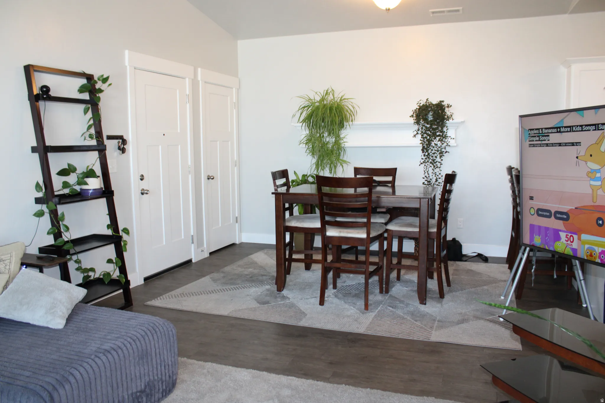 Open-concept living space with wood-finish flooring
