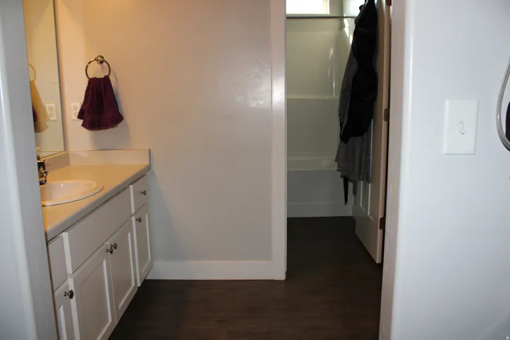 White vanity with a single basin sink, wall-mounted mirror, and wood-finish flooring