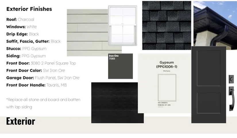 Exterior Finishes Specification. Detailing material and color selections for the property's exterior elements