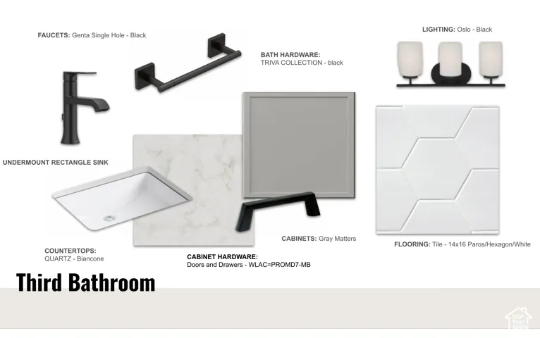 Design Selection Document, Bathroom. Overview of chosen fixtures, finishes, and materials for the property's third bathroom