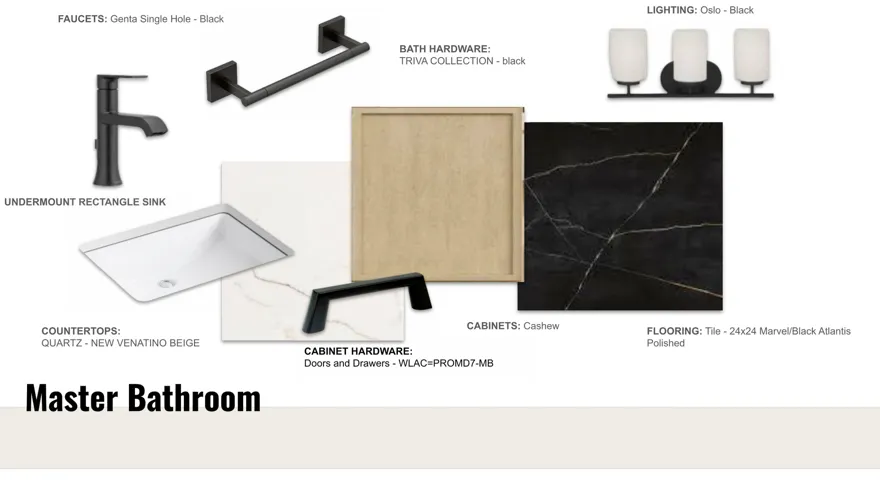 Design Board. Detailing the proposed materials and fixtures for the property's master bathroom