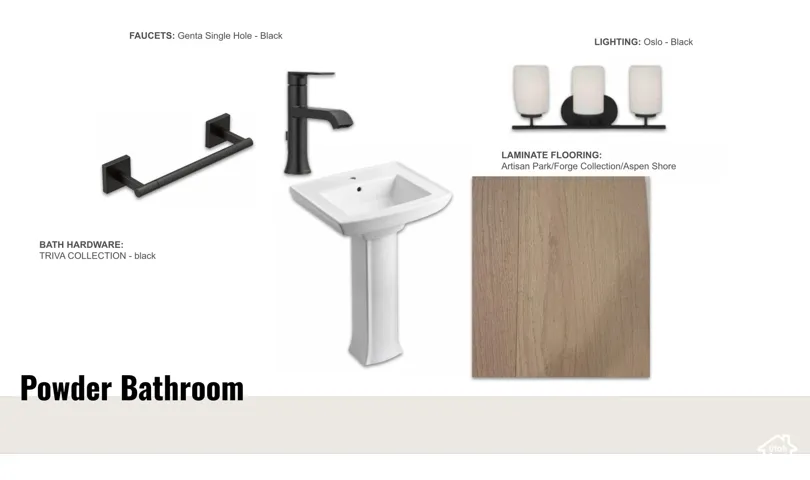 Design Specification Document, Powder Bathroom Section. Detailing selected fixtures, hardware, lighting, and flooring materials for the property's powder bathroom