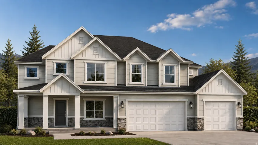 Two-story residence featuring light-toned siding, a dark shingle roof, and a stone veneer foundation