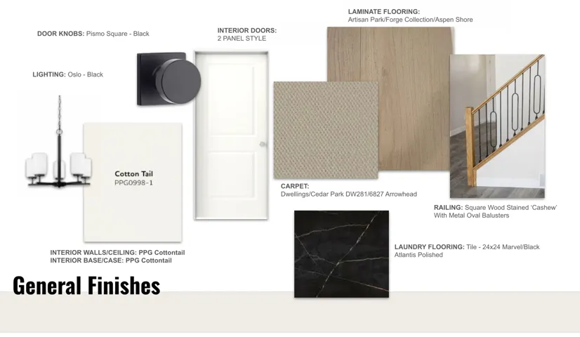 General Finishes Document. Outlining material and style selections for various property components