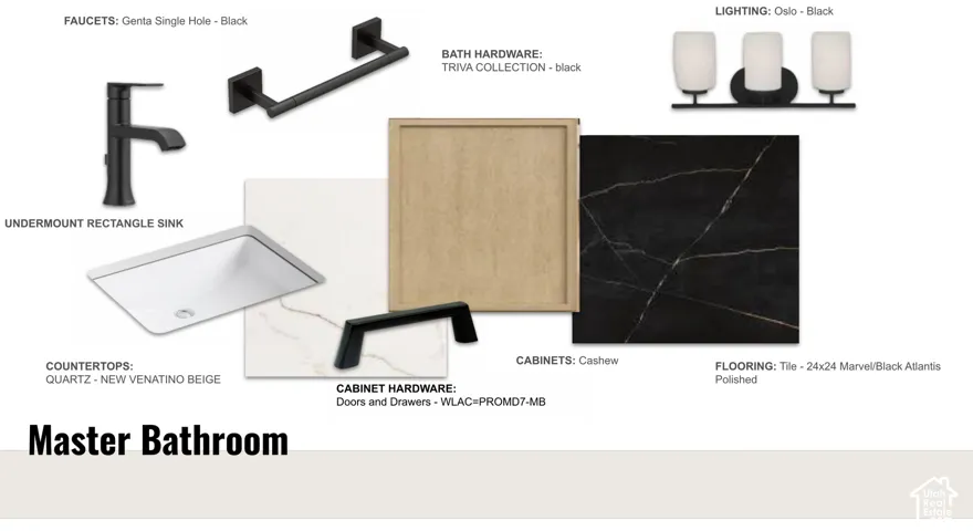 Design Board. Detailing the proposed materials and fixtures for the property's master bathroom