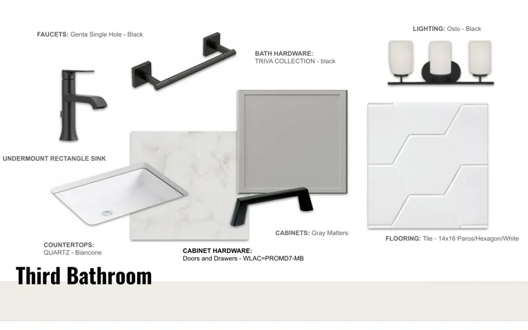 Design Selection Document, Bathroom. Overview of chosen fixtures, finishes, and materials for the property's third bathroom