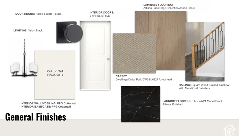 General Finishes Document. Outlining material and style selections for various property components