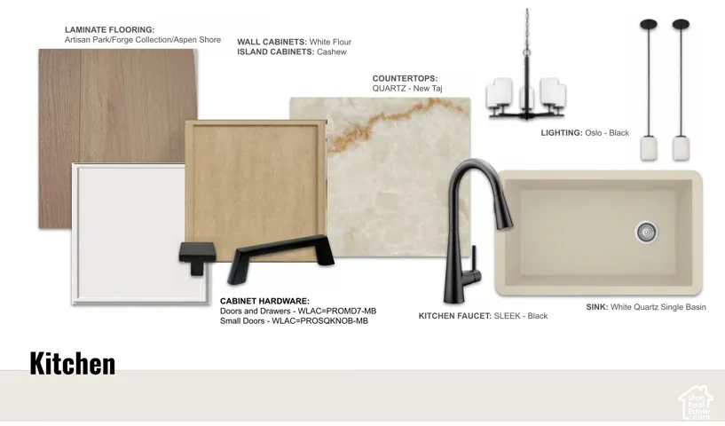 Design Board, Kitchen Finishes. Presenting material and fixture selections for the property's kitchen area