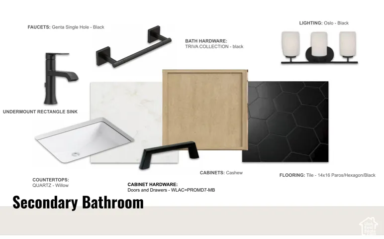 Design Board. Outlining material and fixture selections for the secondary bathroom in the property