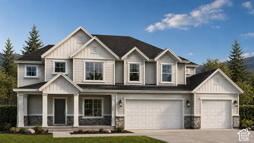 Two-story residence featuring light-toned siding, a dark shingle roof, and a stone veneer foundation