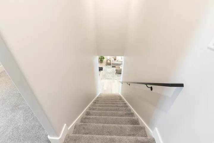 Carpeted staircase with white risers and a matte black wall-mounted handrail