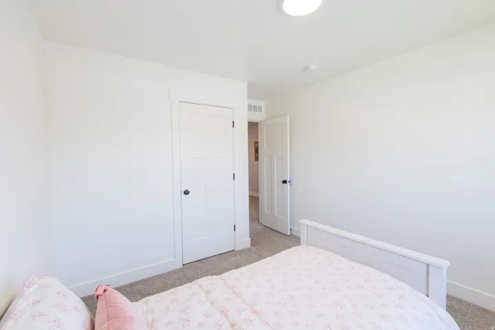 White walls, light-colored carpet, and a door with black hardware
