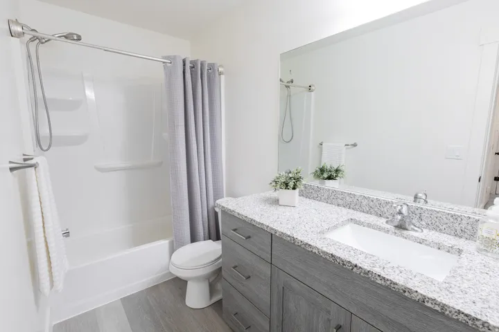 Vanity with a light-colored granite countertop, undermount sink, and a gray wood-finish cabinet