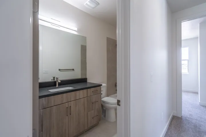 Bathroom featuring a wood-finish vanity with a dark countertop and integrated sink, a large mirror, and a wall-mounted light bar