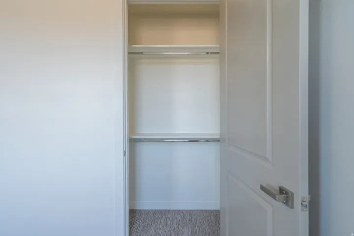 Recessed closet with integrated shelving and dual hanging rods