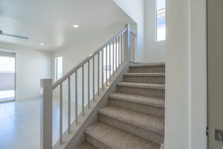 Carpeted staircase with light-toned railings and abundant natural light from multiple windows