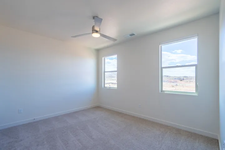 Neutral color palette throughout, featuring plush carpet flooring and two expansive windows