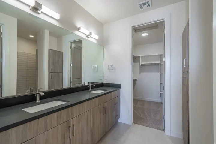 Double vanity featuring undermount sinks and brushed nickel faucets set against a dark countertop