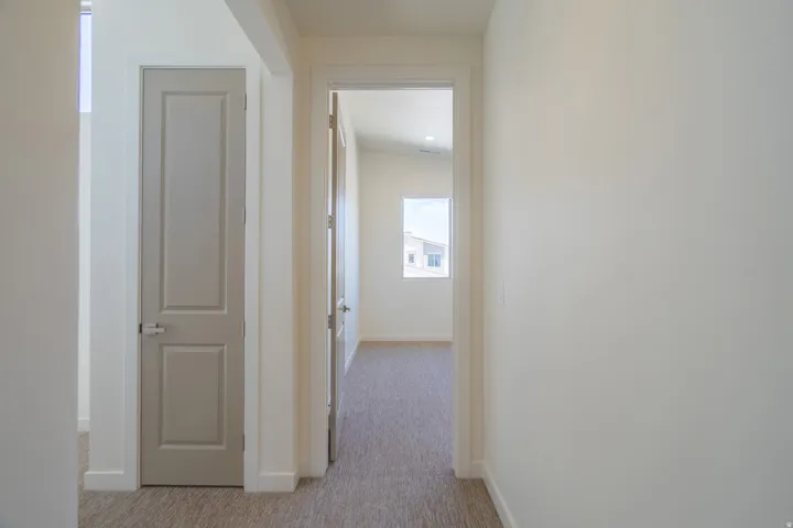 Hallway featuring neutral-toned carpet flooring, white painted walls, and a light gray six-panel door with brushed nickel hardware