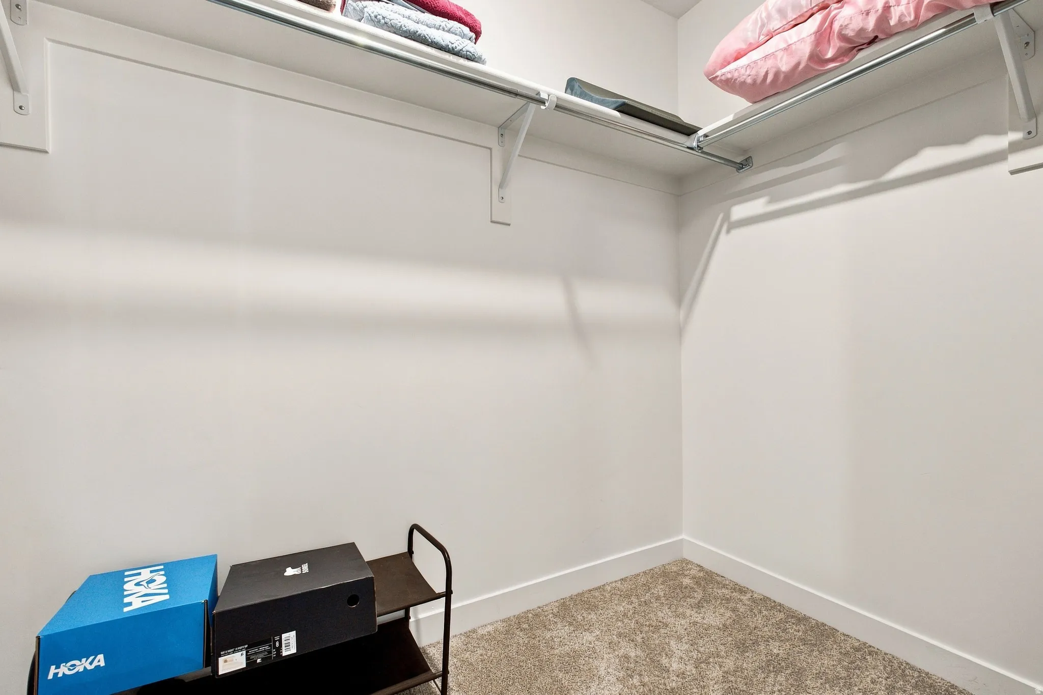 Carpeted flooring, white walls, and built-in closet shelving