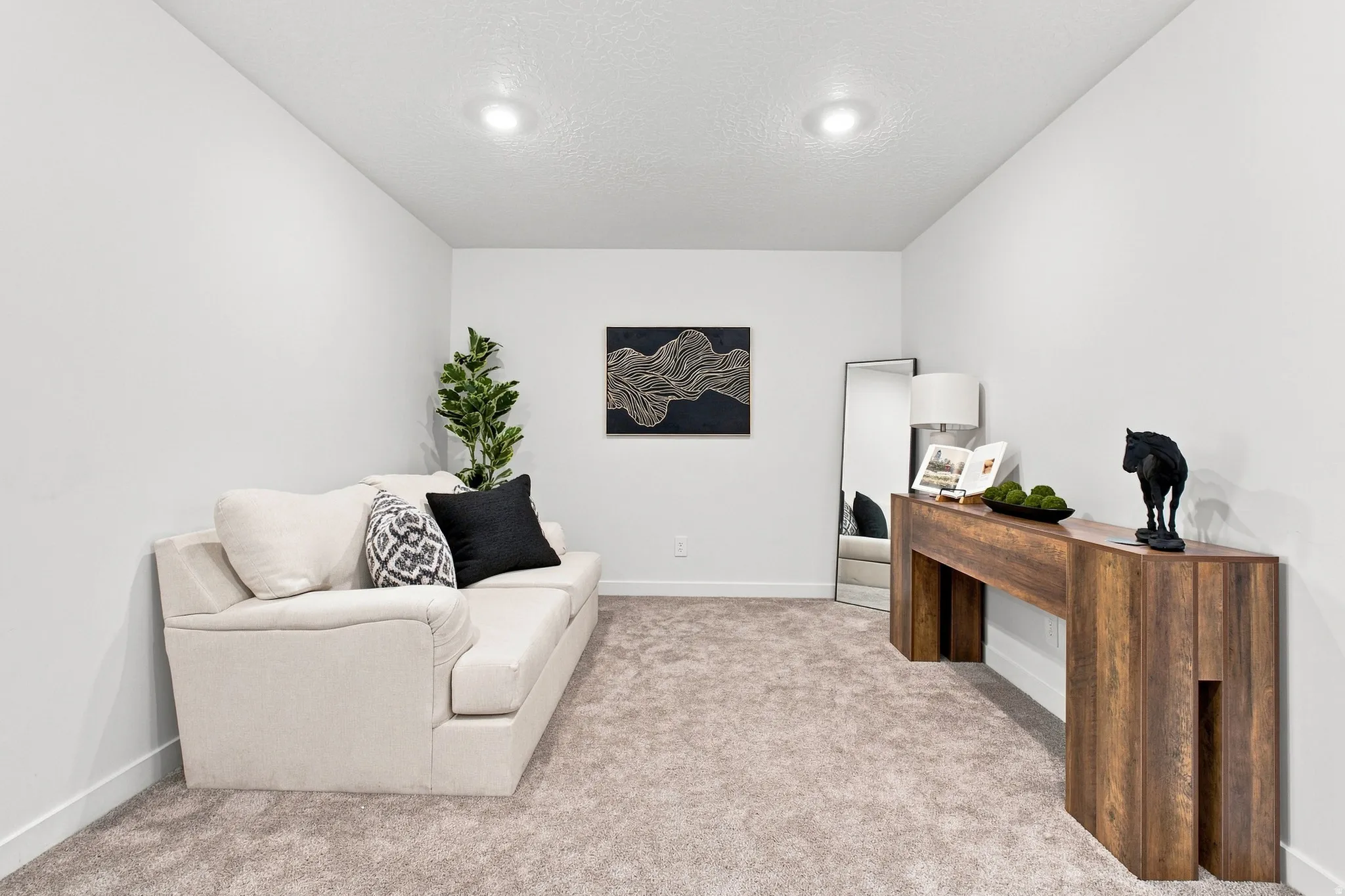 Recessed ceiling lighting, textured ceiling, neutral wall paint, carpet flooring, wood-finish console table