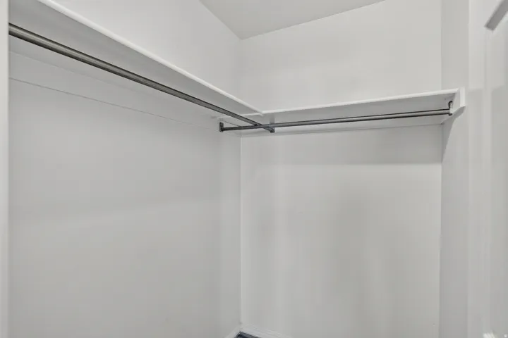 Spacious walk-in closet featuring dual hanging rods with chrome hardware and bright overhead lighting for optimal visibility and storage organization